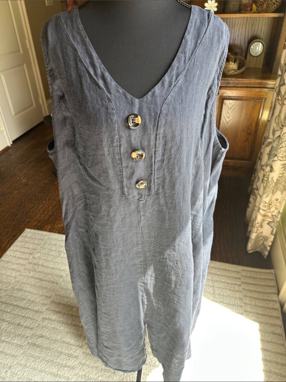 Alessia Pacini Sleeveless V-Neck Button Front Linen dress- Navy Blue